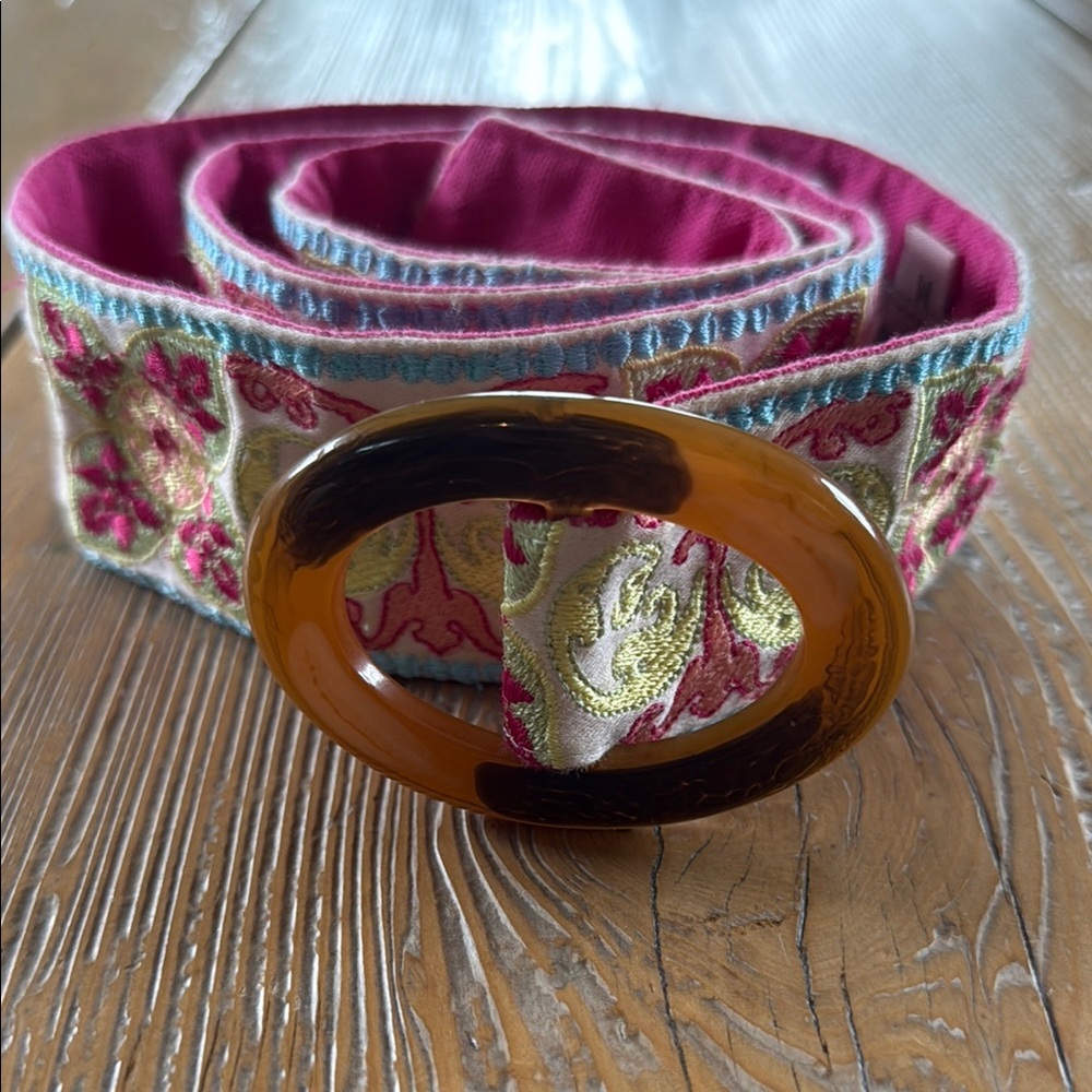 Lilypod Embroidered Pink (and multi colored) Belt with Oval Buckle, size M